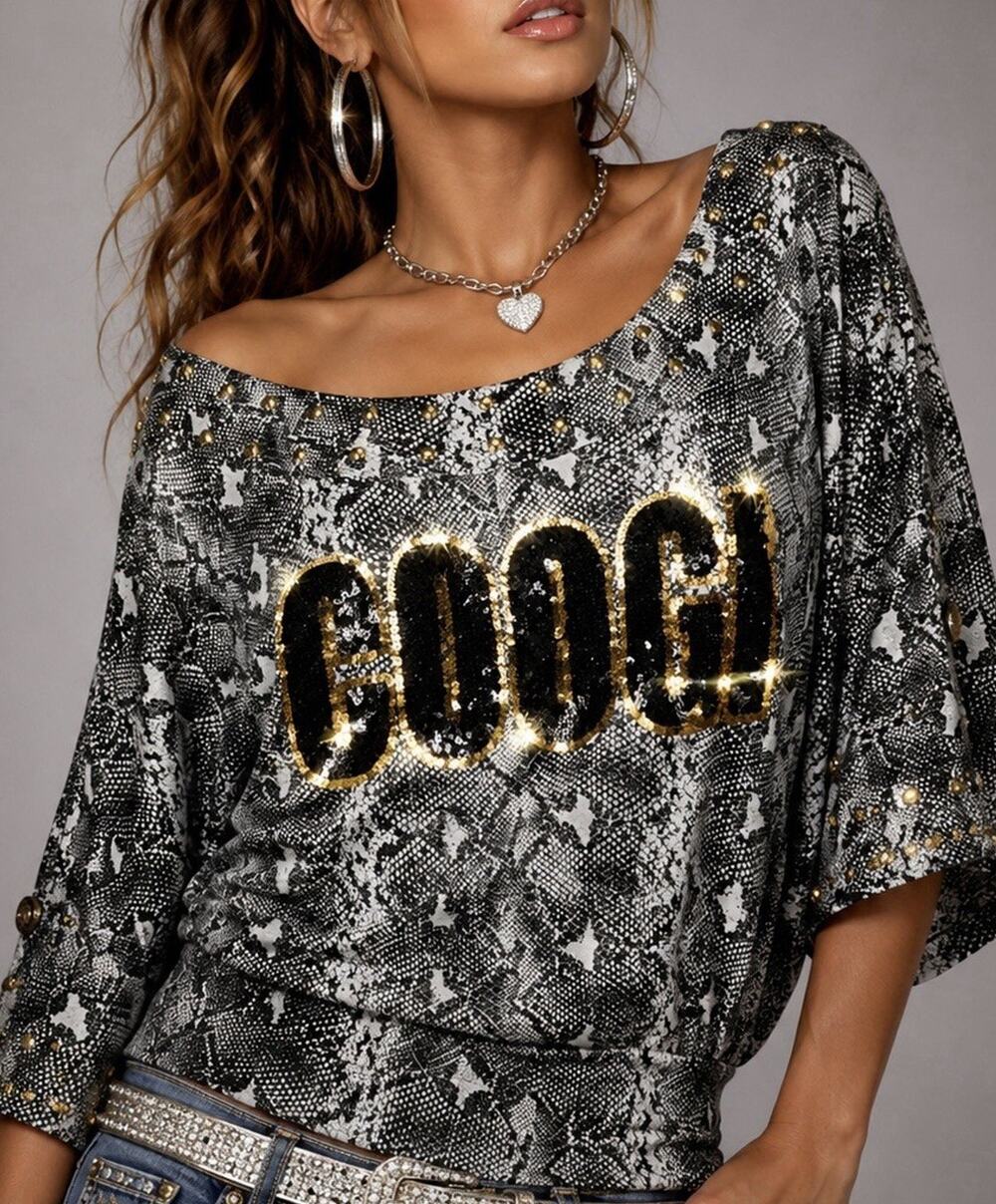 COOGI Snake Animal Print Bling Tunic Top Black Gold Sequin Spellout Logo Women M
